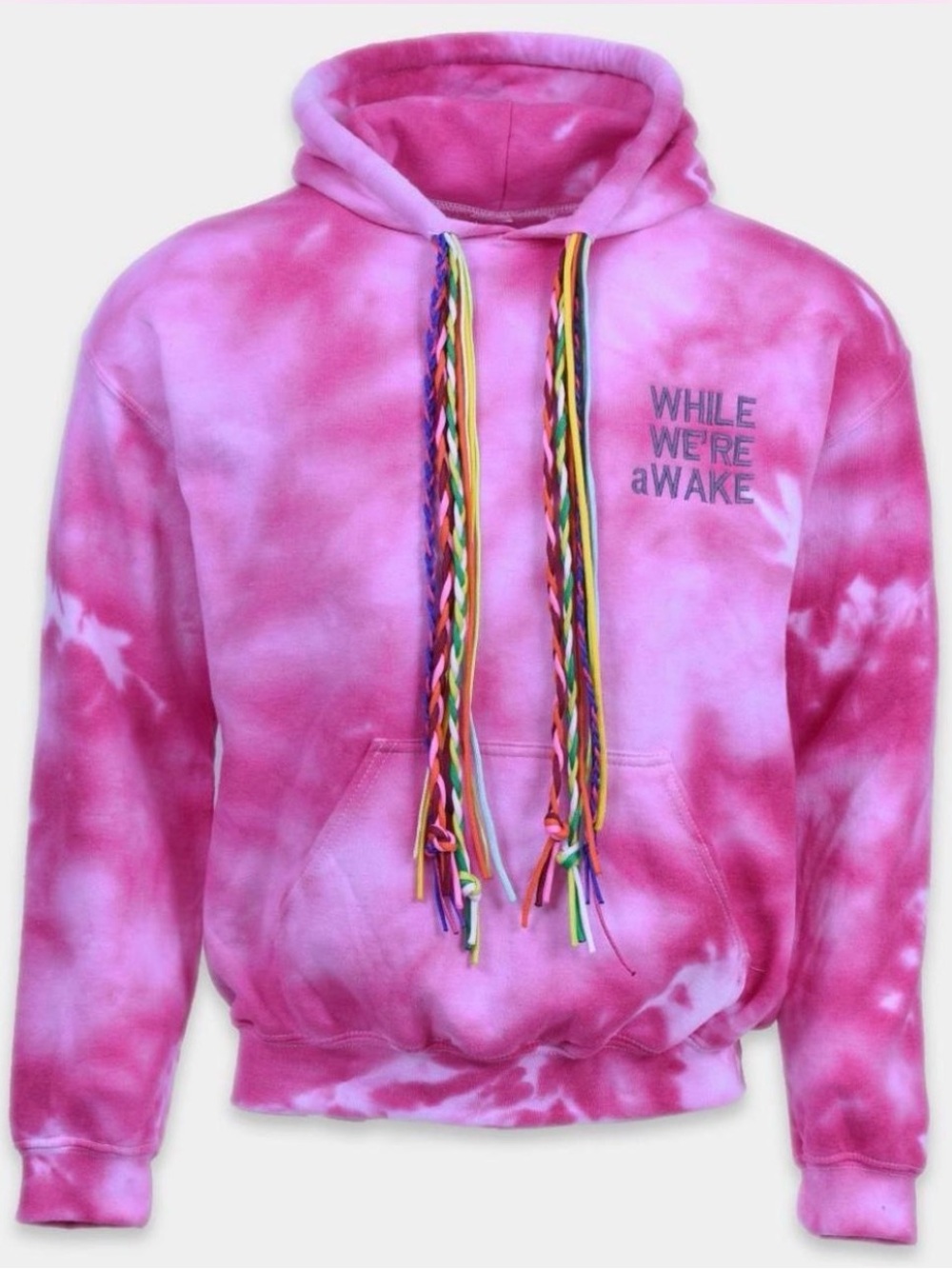 WHILE WE'RE aWAKE Pink Tie-Dye Hoodie with Rainbow Drawcords Oversized Size S